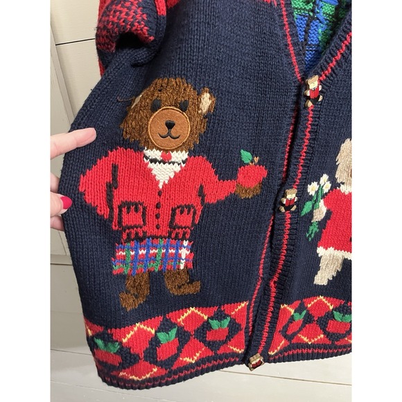 VTG PBJ Sport Sweater School Days Teddy Bears Large Cotton Blend Cardigan Red - Picture 2 of 7